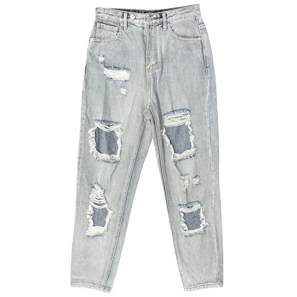 White Fox Light Wash High Rise Distressed Denim Straight Mom Jeans Size S 26" - Picture 1 of 9